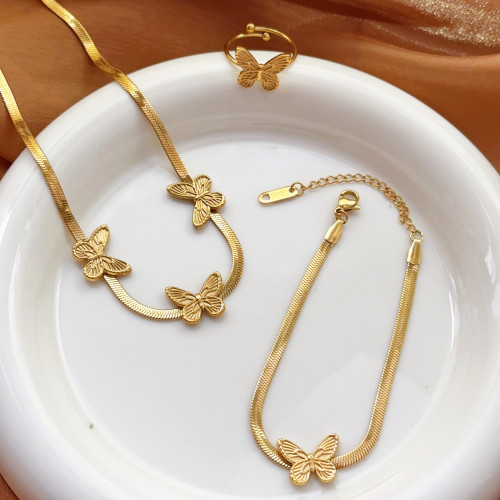 European and American Cross-Border Retro Heart Butterfly Flat Bracelet Gold Women's Unique Design Sense Jewelry Titanium Steel Set High-End Feel