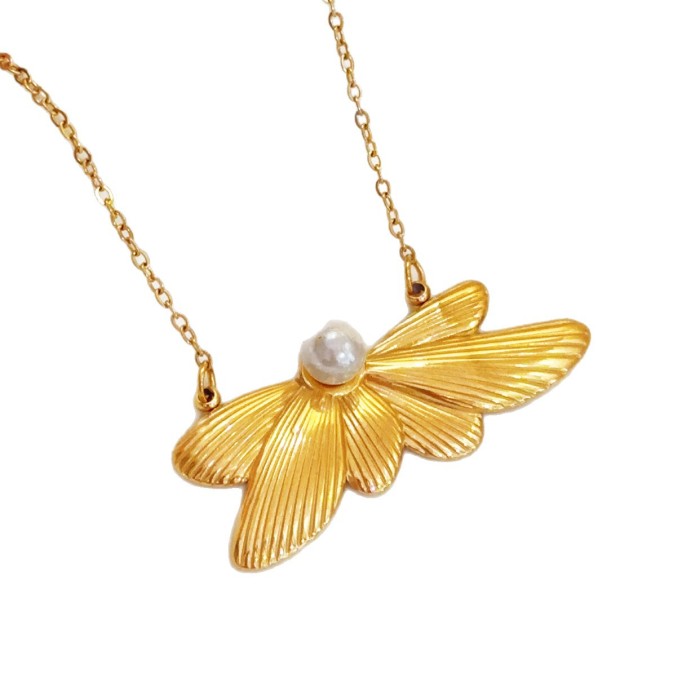 Wings Pearl Stainless Steel Earrings Symmetrical Titanium Steel 18K Gold Trendy Jewelry Wholesale Clavicle Chain Set...