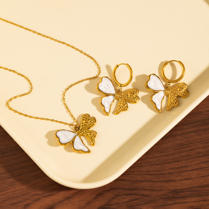Stainless Steel Necklace Earrings Bowknot White Shell Gold-Plated Collarbone Chain European and American Cross-Border Elegant Choker Titanium Steel Necklace for Women