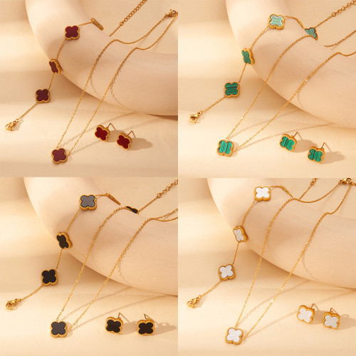 Fanjia High-End Jewelry Set Four-Leaf Clover Earrings Acrylic Four-Leaf Clover Necklace Bracelet Shell Bracelet Set