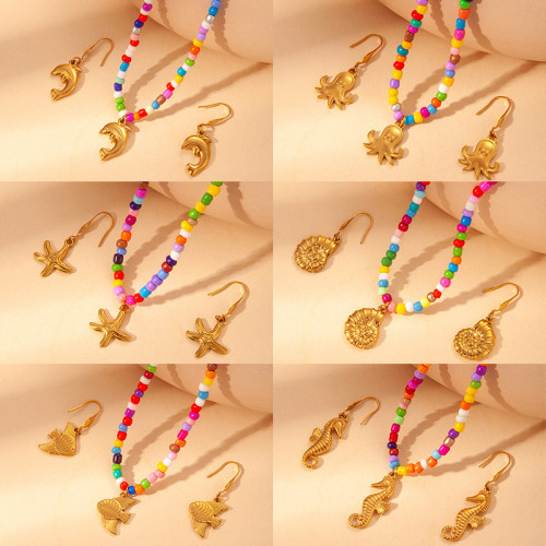 Summer Colorful Bead Necklace Ocean Style Necklace Dolphin Shell Starfish Pendant Neck Chain Beach Vacation Non-Fading