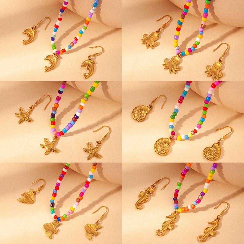 Summer Colorful Bead Necklace Ocean Style Necklace Dolphin Shell Starfish Pendant Neck Chain Beach Vacation Non-Fading