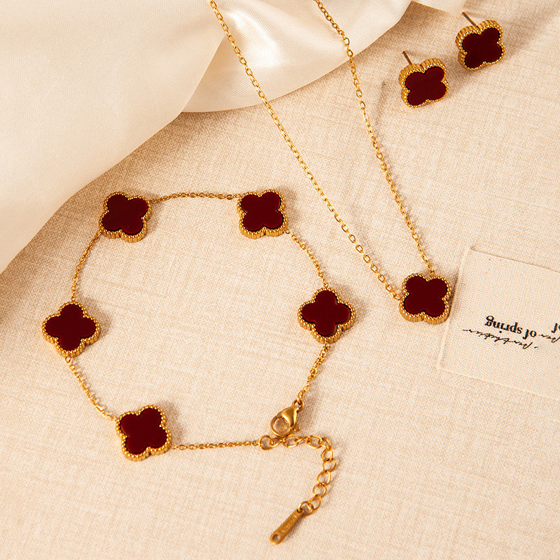 Fanjia High-End Jewelry Set Four-Leaf Clover Earrings Acrylic Four-Leaf Clover Necklace Bracelet Shell Bracelet Set