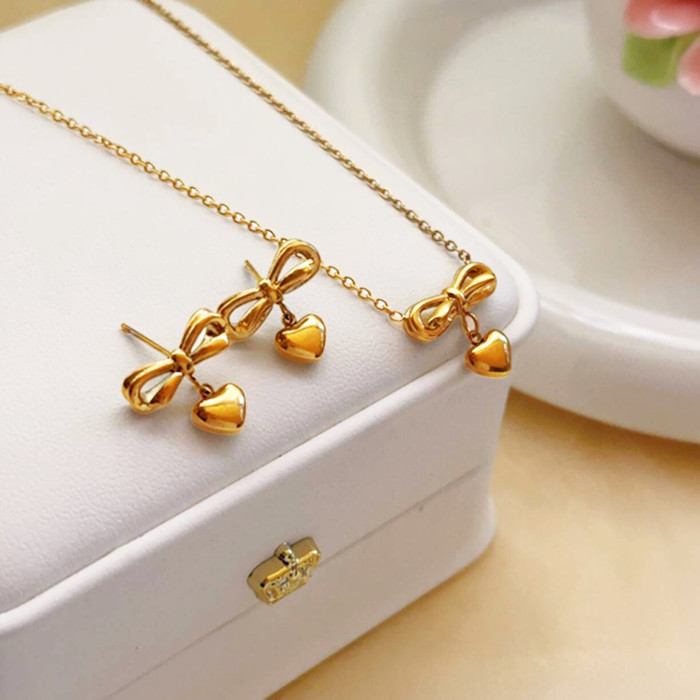 New Bowknot Heart Stud Earrings Stainless Steel Necklace for Women Light Luxury Non-Fading Fashionable Versatile Collarbone Jewelry