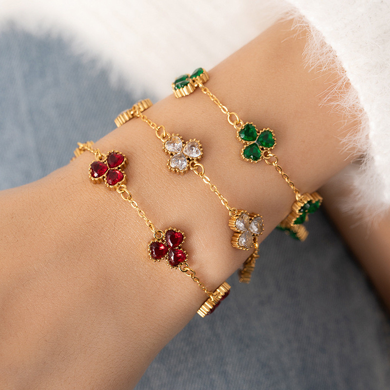 Clover Green Four-Leaf Clover Bracelet Earring Set Colorful Three-Leaf Flower Bracelet Hoop Korean Style Bracelet