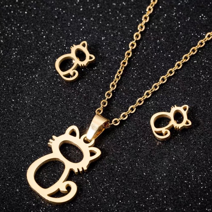 Stainless Steel Earrings Necklace Set Five-Pointed Star Heart Earrings Neck Chain Titanium Steel Jewelry Non-Fading N...