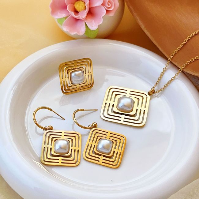Foreign Trade Best-Selling Fashion Commuter Square Pearl Necklace for Women European and American Cross-Border Titanium Steel Earrings Ring