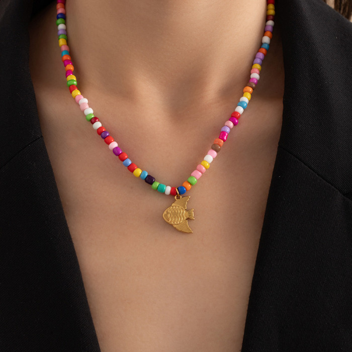Summer Colorful Bead Necklace Ocean Style Necklace Dolphin Shell Starfish Pendant Neck Chain Beach Vacation Non-Fading
