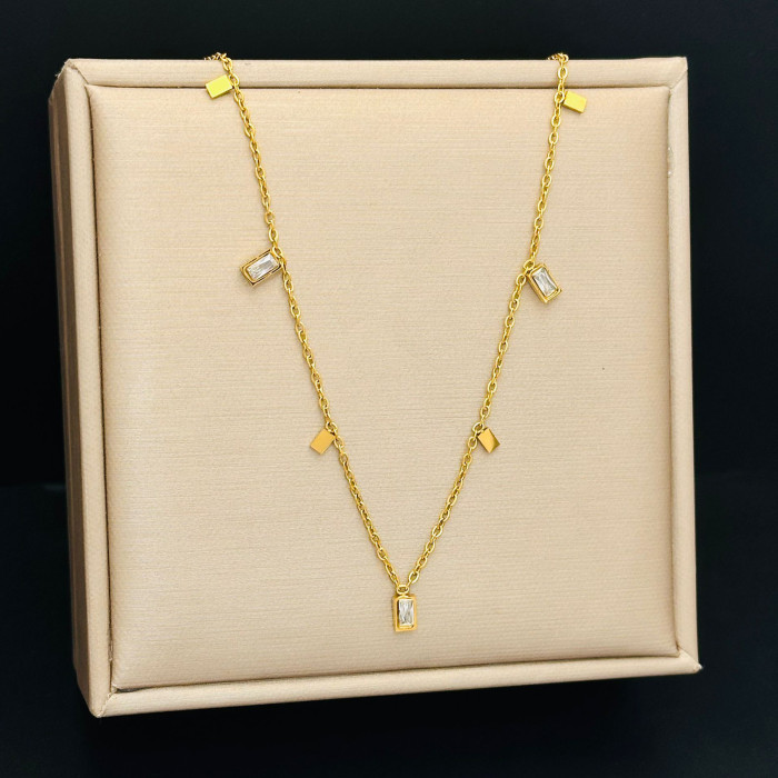 Water Drop Titanium Steel Square Gold Rhinestone Necklace Simple Fashion Design New Clavicle Chain Light Luxury Set B...