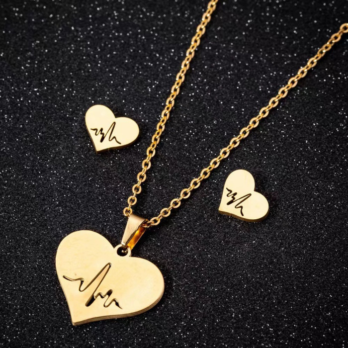 Stainless Steel Earrings Necklace Set Five-Pointed Star Heart Earrings Neck Chain Titanium Steel Jewelry Non-Fading N...