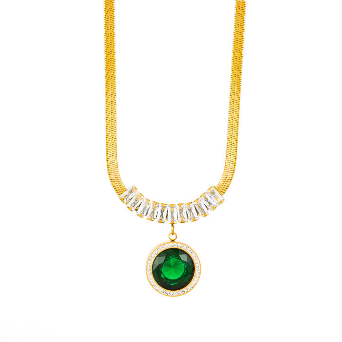 Stainless Steel Necklace Round Vintage Emerald Titanium Steel 18K Non-Fading Earrings Bracelet Set Necklace for Women...