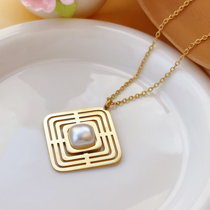 Foreign Trade Best-Selling Fashion Commuter Square Pearl Necklace for Women European and American Cross-Border Titanium Steel Earrings Ring