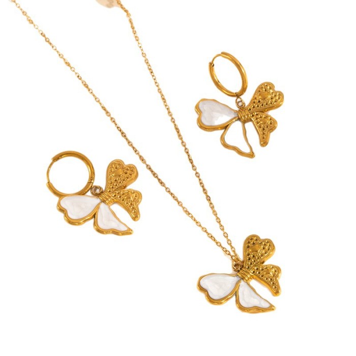 Stainless Steel Necklace Earrings Bowknot White Shell Gold-Plated Collarbone Chain European and American Cross-Border Elegant Choker Titanium Steel Necklace for Women