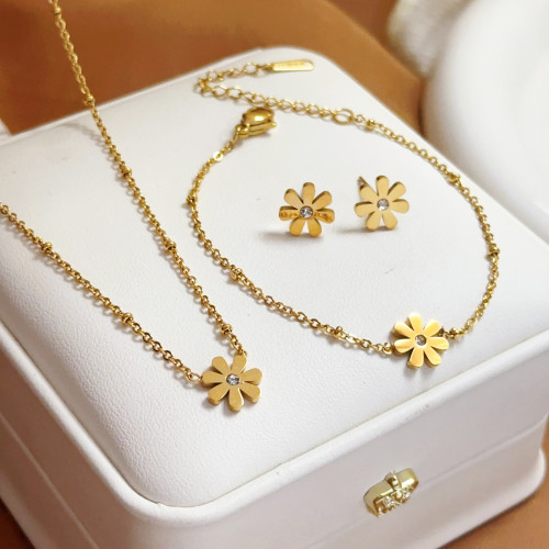 New French Style Small Daisy Flower Titanium Steel Necklace for Women with Inlaid Diamonds, 18K Gold Color, Cute Versatile Set, Non-Fading Jewelry