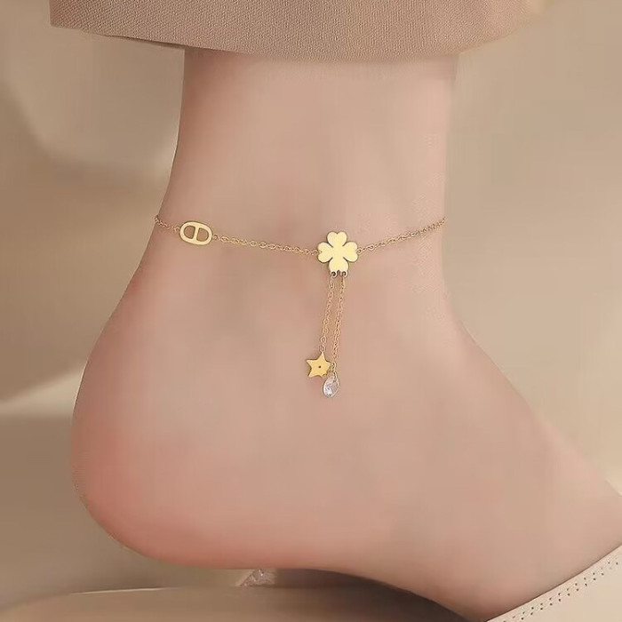Exquisite Four-Leaf Clover Anklet for Women New 14K Gold Niche Design Ins Style High-End Sense Five-Pointed Star Pendant Titanium Steel Jewelry