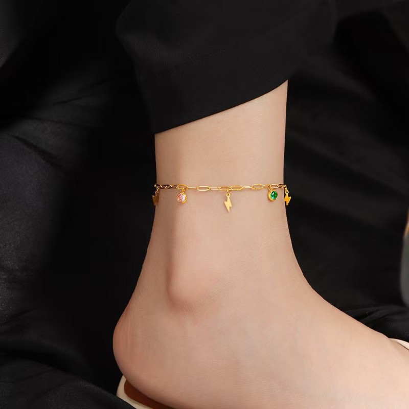 Cross-Border Personalized Fashion Stainless Steel Colorful Dopamine Zircon Lightning Small Pendant Anklet for Women Niche Design Foot Jewelry