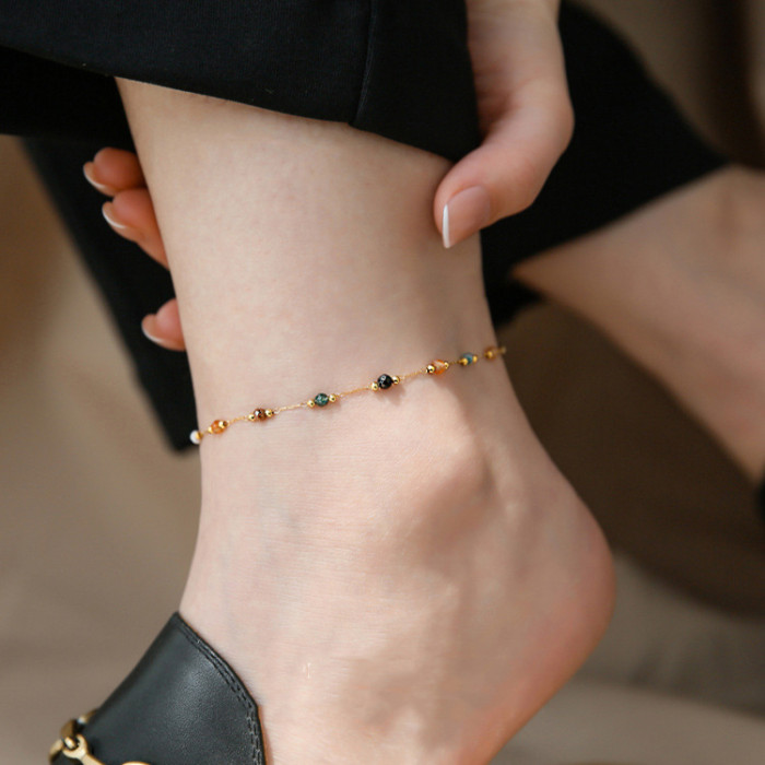High-end Colorful Mixed Natural Stone Spliced Titanium Steel Anklet for Women, Light Luxury New Fashion Exquisite Foot Chain, Non-fading