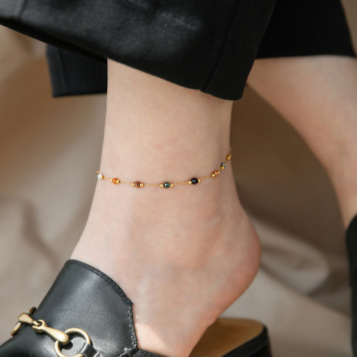 High-end Colorful Mixed Natural Stone Spliced Titanium Steel Anklet for Women, Light Luxury New Fashion Exquisite Foot Chain, Non-fading