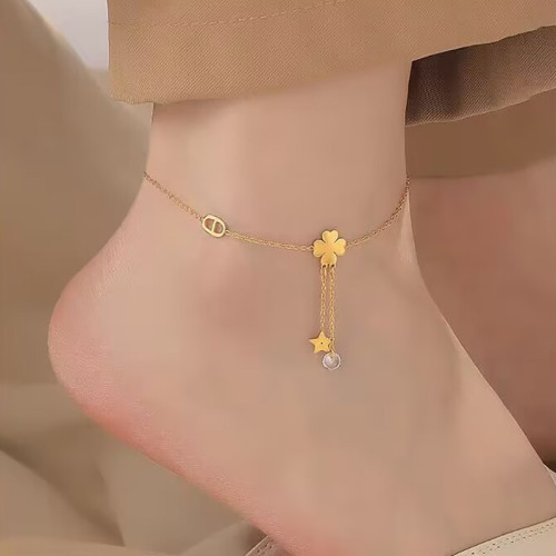 Exquisite Four-Leaf Clover Anklet for Women New 14K Gold Niche Design Ins Style High-End Sense Five-Pointed Star Pendant Titanium Steel Jewelry