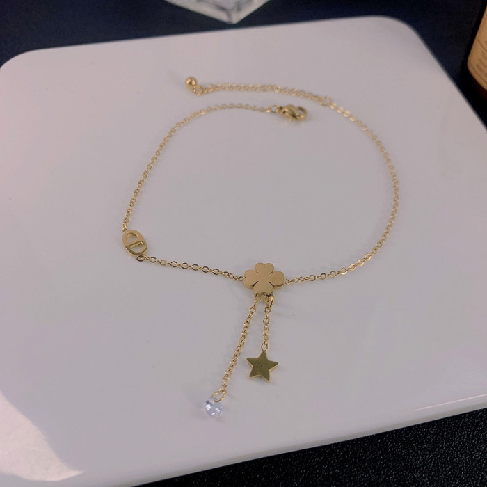 Exquisite Four-Leaf Clover Anklet for Women New 14K Gold Niche Design Ins Style High-End Sense Five-Pointed Star Pendant Titanium Steel Jewelry