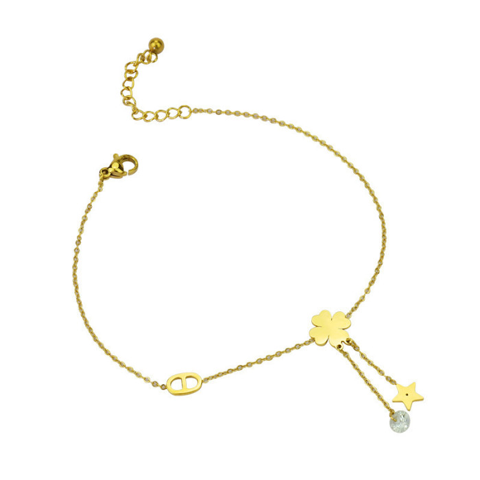 Exquisite Four-Leaf Clover Anklet for Women New 14K Gold Niche Design Ins Style High-End Sense Five-Pointed Star Pendant Titanium Steel Jewelry