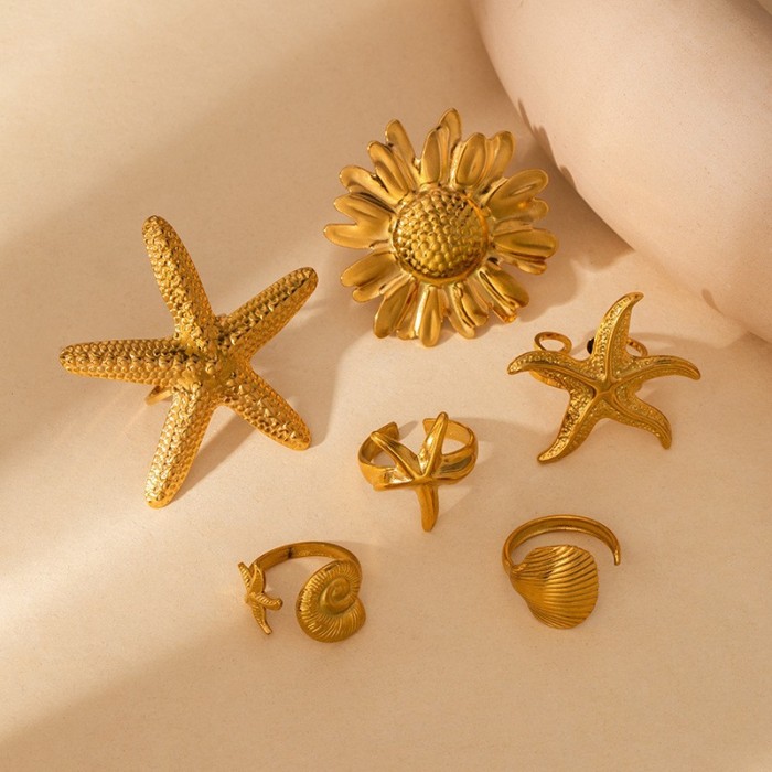18K Gold Plated Stainless Steel Ring Flower Ring Turquoise Pearl Index Finger Ring Starfish Ocean Titanium Steel Ring...