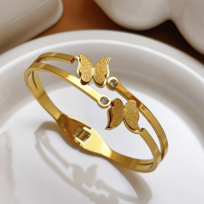 Gold Double Butterfly Hollow Fashion Simple Bracelet for Women Open Matte Butterfly Titanium Steel Bracelet Jewelry