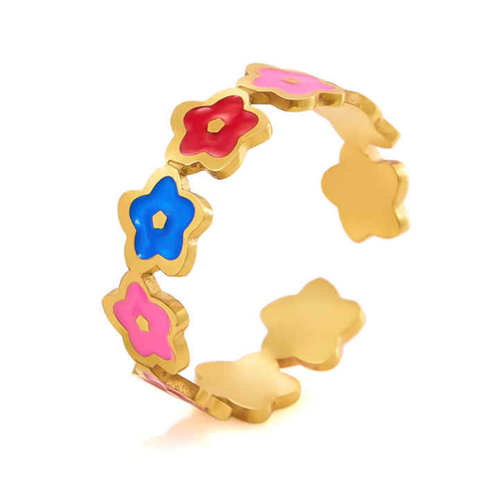 Stainless Steel Ring Sweet Colorful Smiley Face Ring Flower Open Adjustable Titanium Steel Ring Women's Jewelry