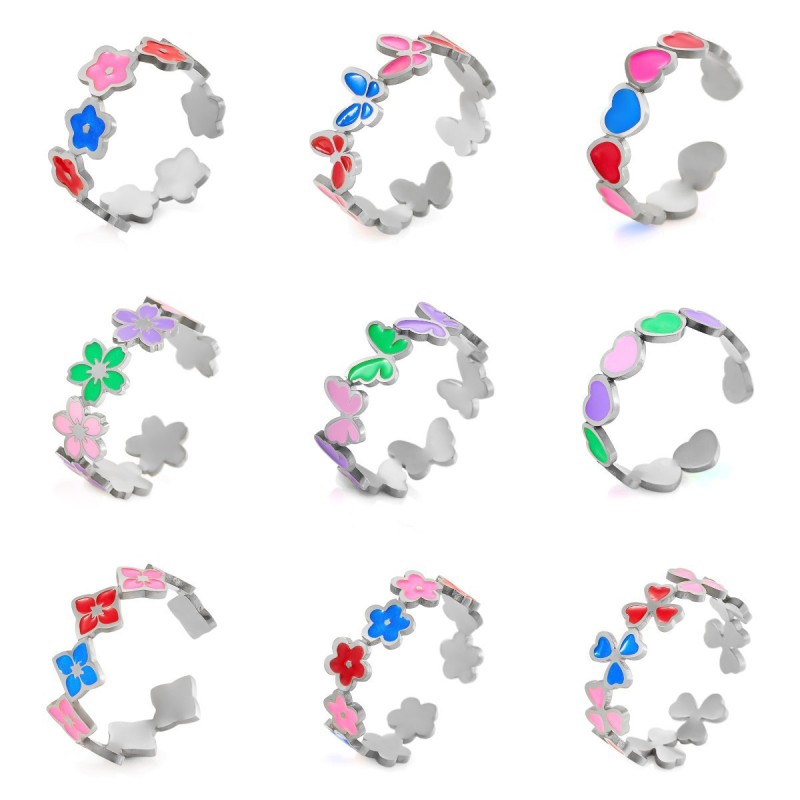 Cross-Border Stainless Steel Ring Sweet Colorful Smiley Face Ring Flower Open Adjustable Titanium Steel Ring Women's Jewelry