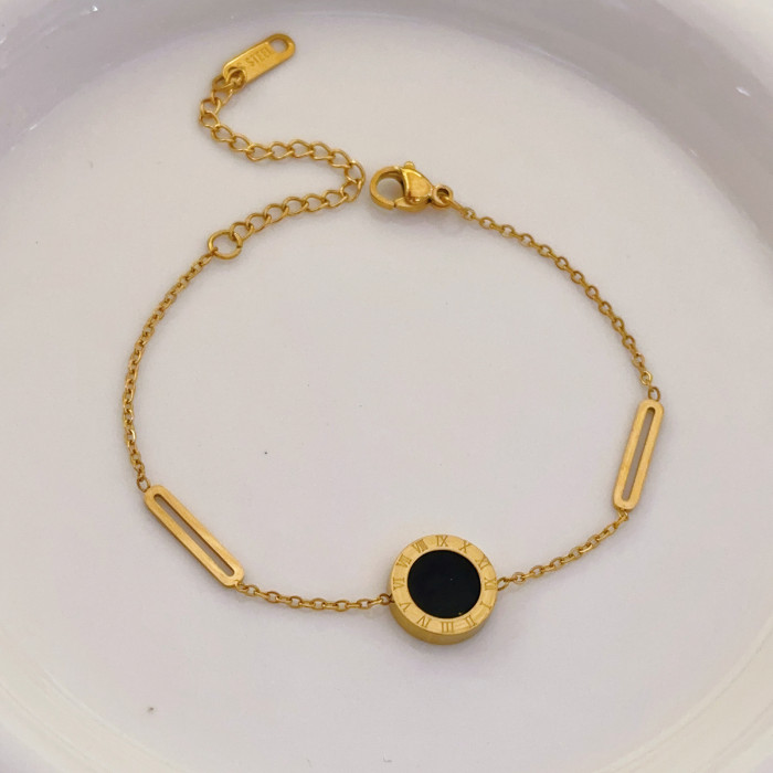 Roman Black and White Double-Sided Four-Leaf Clover Titanium Steel 18K Gold Bracelet for Women Ins Style Light Luxury...