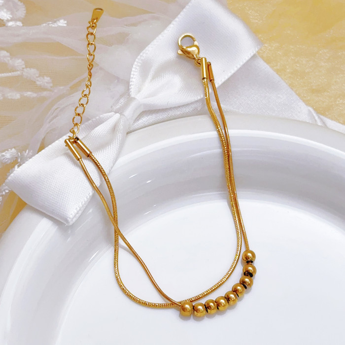 New 18K Gold Color Titanium Steel Double Layer Stacked Transfer Bead Bracelet for Women Non-Fading Versatile Simple I...