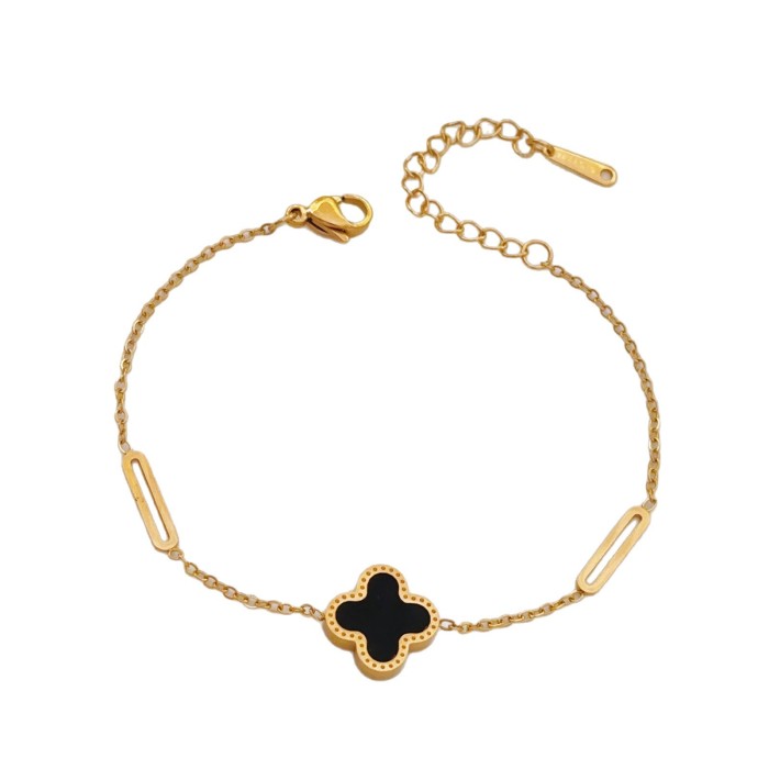 Roman Black and White Double-Sided Four-Leaf Clover Titanium Steel 18K Gold Bracelet for Women Ins Style Light Luxury...