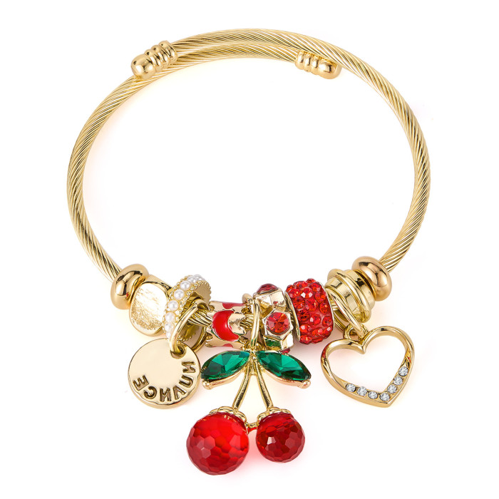 Hot Selling Bracelet for Women Stainless Steel Creative Design Cherry Heart Versatile Adjustable Jewelry