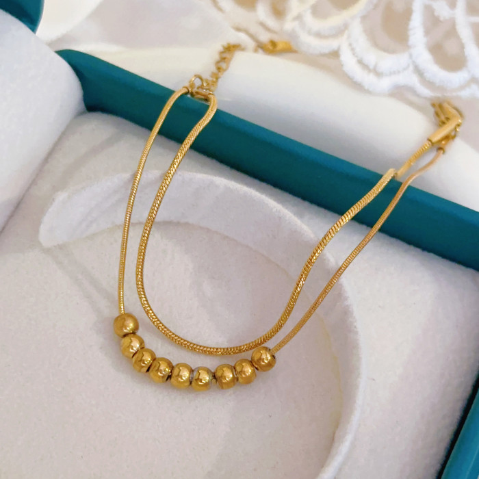 New 18K Gold Color Titanium Steel Double Layer Stacked Transfer Bead Bracelet for Women Non-Fading Versatile Simple I...