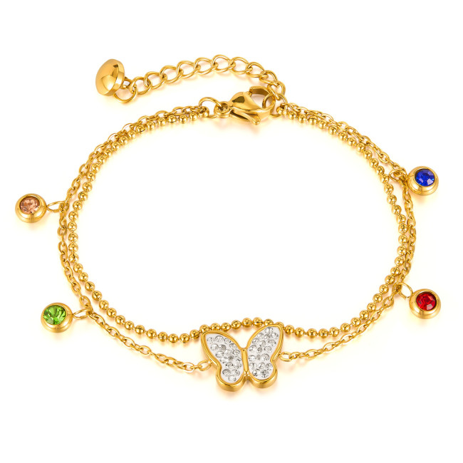Bracelet for Women Stainless Steel Colorful Zircon Versatile High-End Butterfly Double Layer Stackable Titanium Steel Jewelry