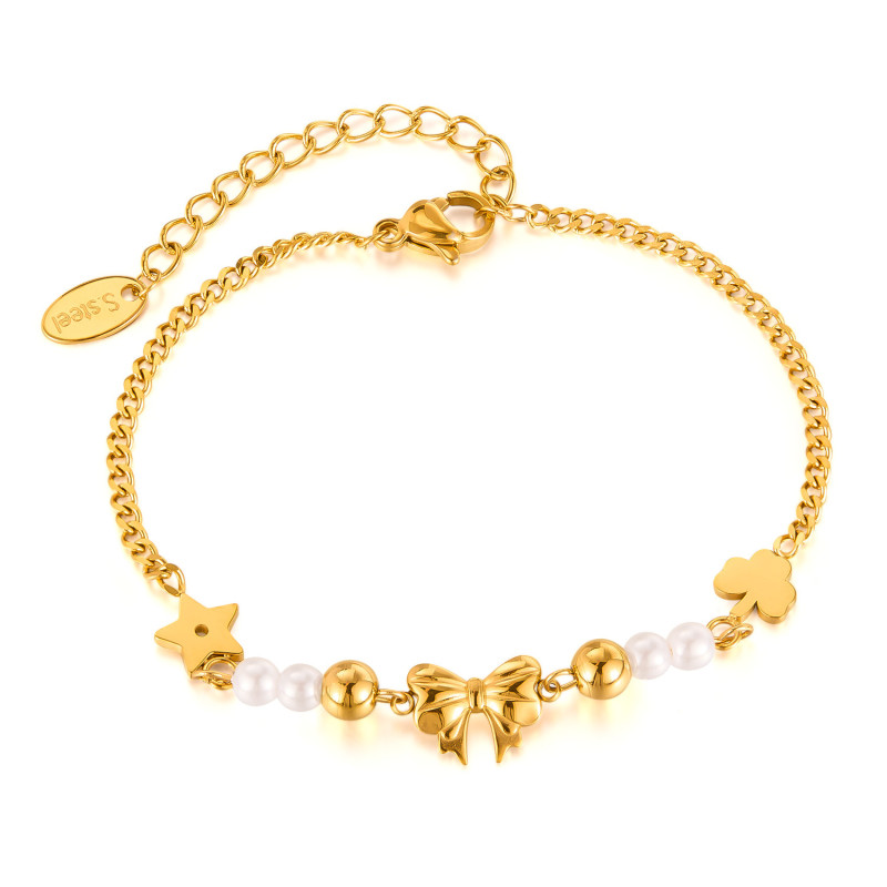 Women's Stainless Steel Elegant Pearl Bow Fashion Commuter Titanium Steel Bracelet Wholesale