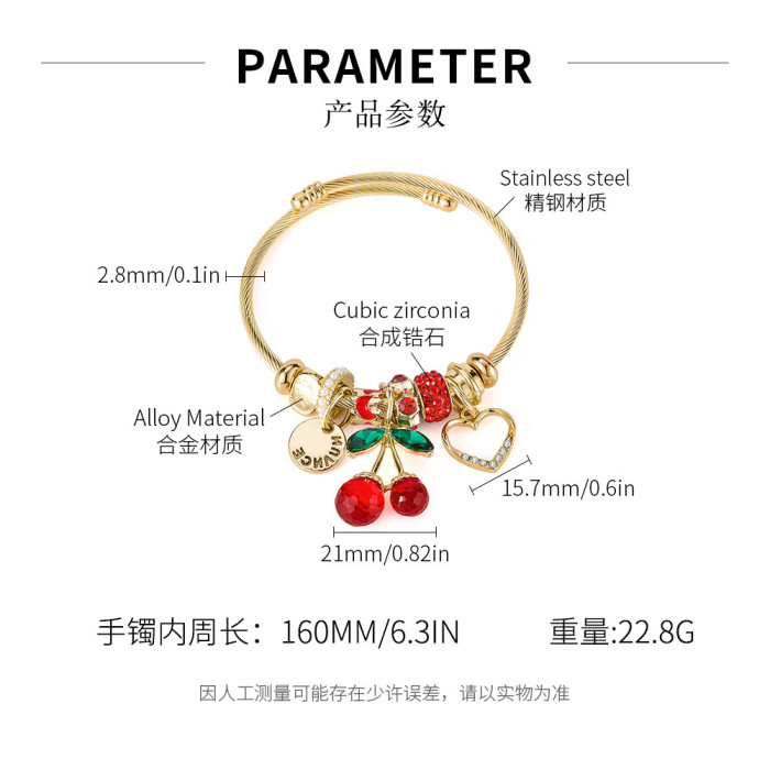 Hot Selling Bracelet for Women Stainless Steel Creative Design Cherry Heart Versatile Adjustable Jewelry