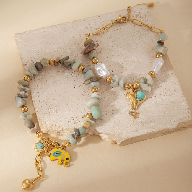 Titanium Steel Bracelet Summer Colorful Natural Stone Bracelet Lucky Elephant Stainless Steel Bracelet Turquoise Hear...
