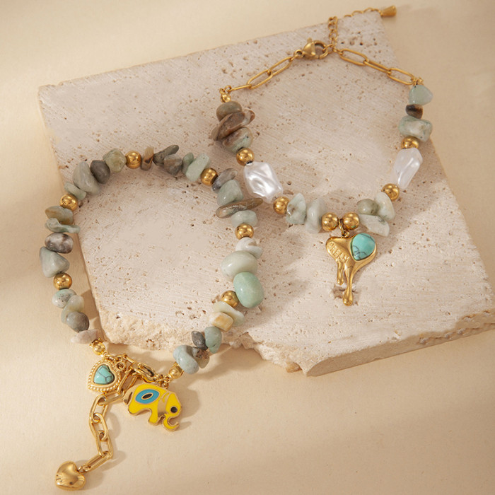 Titanium Steel Bracelet Summer Colorful Natural Stone Bracelet Lucky Elephant Stainless Steel Bracelet Turquoise Hear...