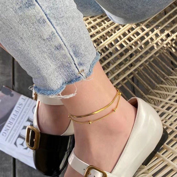 Minimalist Double Layer Non-Fading Titanium Steel Anklet for Women High-End Sense Foot Ring Niche Design Foot Chain 2024 New Trend