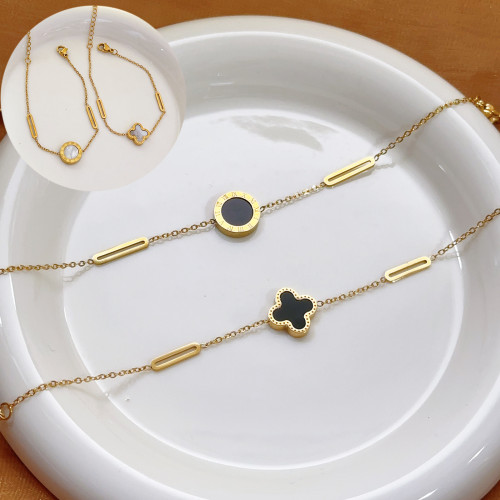 Roman Black and White Double-Sided Four-Leaf Clover Titanium Steel 18K Gold Bracelet for Women Ins Style Light Luxury Simple Bracelet Personalized Jewelry
