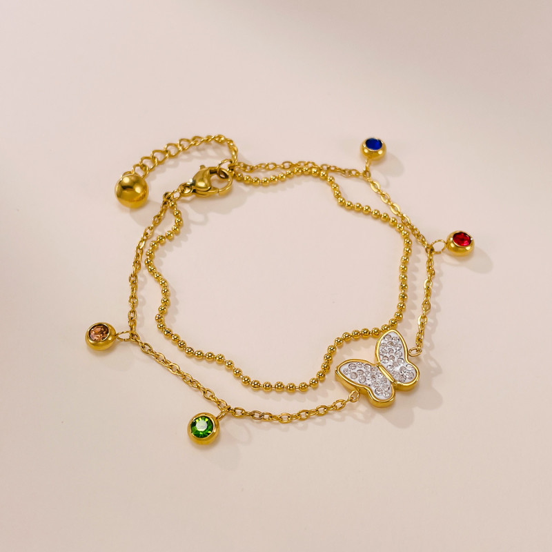 Bracelet for Women Stainless Steel Colorful Zircon Versatile High-End Butterfly Double Layer Stackable Titanium Steel Jewelry