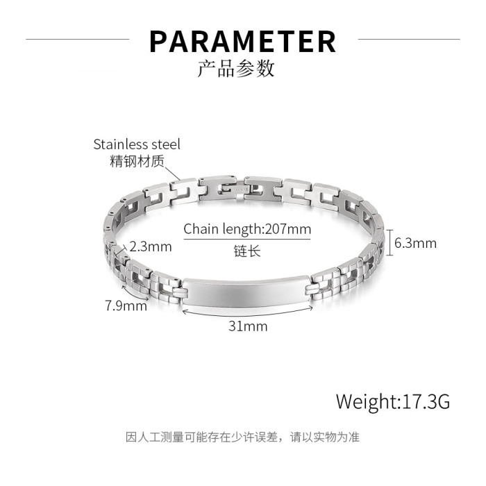 Men's Bracelet Stainless Steel Personality Smooth Curved Tag Fashion Trendy Strap Style Titanium Steel Jewelry