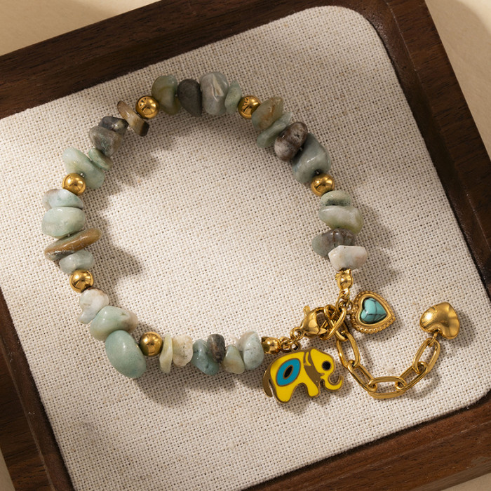 Titanium Steel Bracelet Summer Colorful Natural Stone Bracelet Lucky Elephant Stainless Steel Bracelet Turquoise Hear...