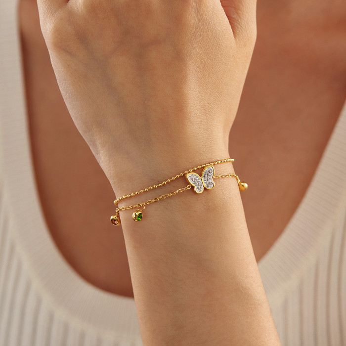 Bracelet for Women Stainless Steel Colorful Zircon Versatile High-End Butterfly Double Layer Stackable Titanium Steel Jewelry