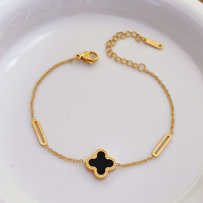 Roman Black and White Double-Sided Four-Leaf Clover Titanium Steel 18K Gold Bracelet for Women Ins Style Light Luxury...