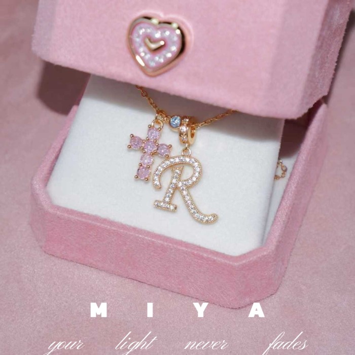 Hot Item Sweetheart Sniper~Pink Sparkling Stone Cross Necklace 26 Letters Full Niche Sweet Necklace