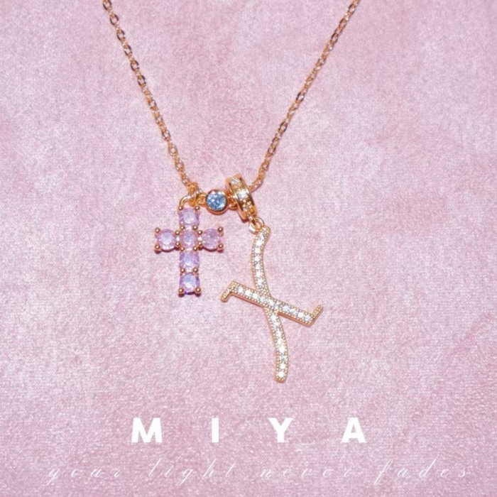 Hot Item Sweetheart Sniper~Pink Sparkling Stone Cross Necklace 26 Letters Full Niche Sweet Necklace