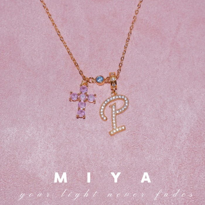 Hot Item Sweetheart Sniper~Pink Sparkling Stone Cross Necklace 26 Letters Full Niche Sweet Necklace