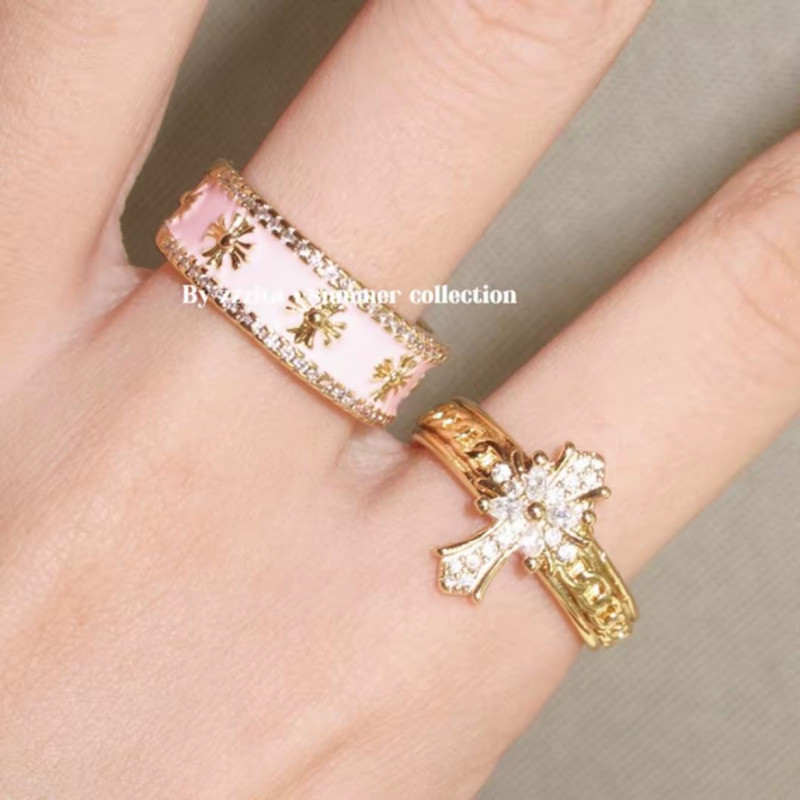 TikTok Hot Pinky Cross·Asian Sweetheart~ Pink Sparkling Diamond Cross Ring Set